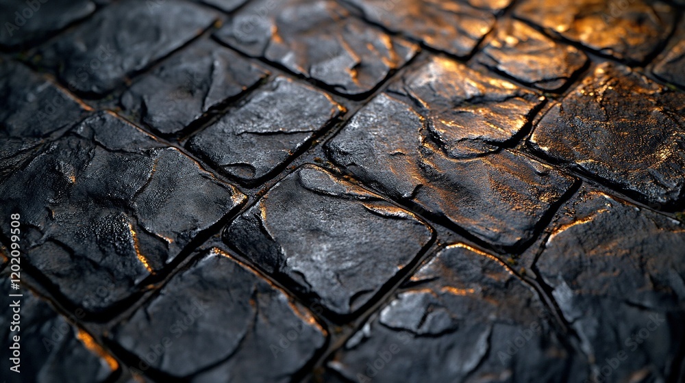 Fototapeta premium Wet cobblestone street at sunset, background glow, potential path/road