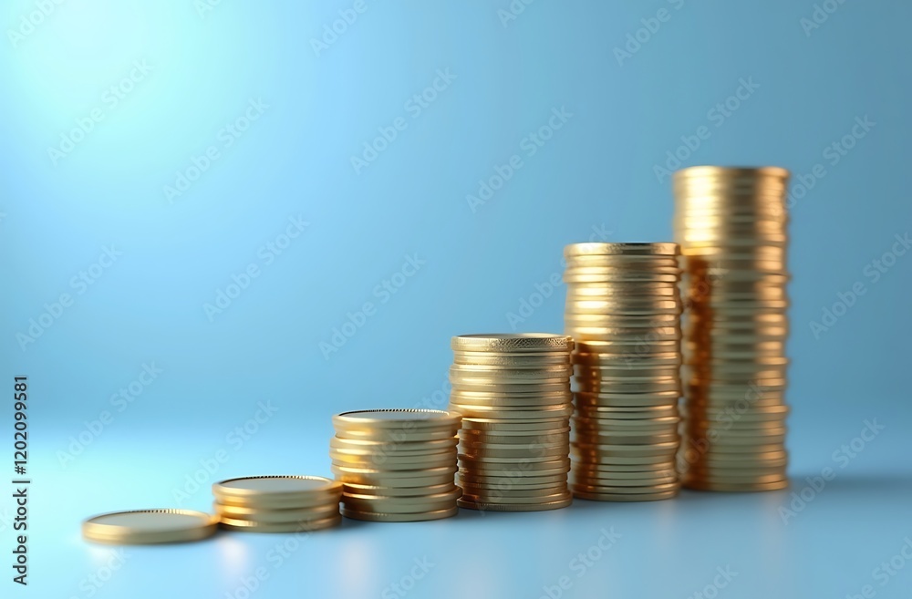 Growing gold coins stack financial growth and wealth concept investment success visualized in golden steps. Growing gold coins stack financial growth and wealth concept investment success visualized in golden steps.