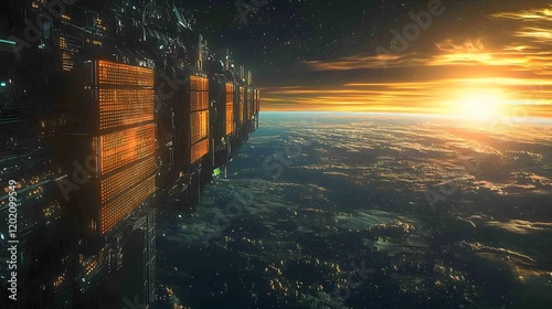 Futuristic conceptual image of a space based solar farm in orbit directly communicating with and transmitting renewable energy to Earth via a network of advanced satellite technology
