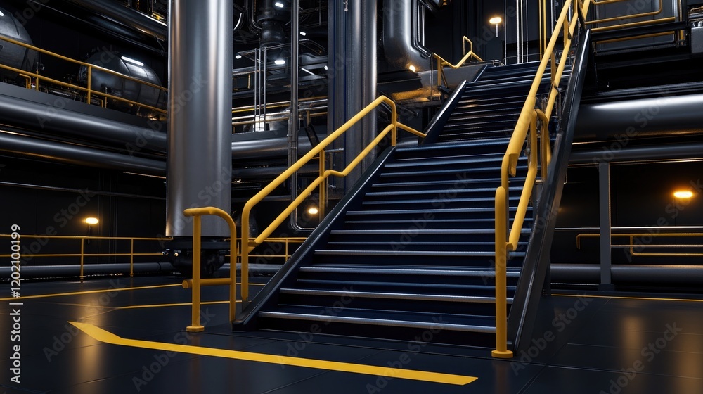 Illumination highlights a contemporary oil processing facility featuring blue tanks, yellow stairs, and extensive piping at night Illumination highlights a contemporary oil processing facility featuring blue tanks, yellow stairs, and extensive piping at night
