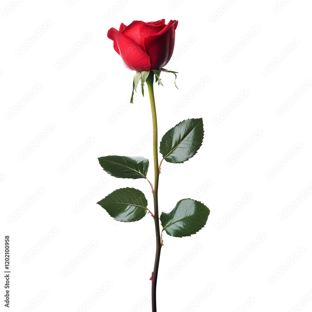 Standing bright red rose with leaves for valentines day isolated on a transparent background Standing bright red rose with leaves for valentines day isolated on a transparent background