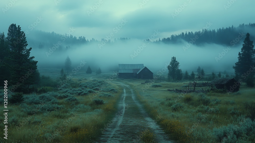 Fototapeta premium Eerie foggy landscape with path leading to an old barn, surrounded by forest and mysterious mist, creating a moody and atmospheric scene