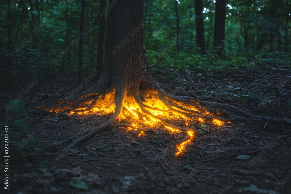 Glowing Forest Tree Roots at Night in Dark Woods Glowing Forest Tree Roots at Night in Dark Woods