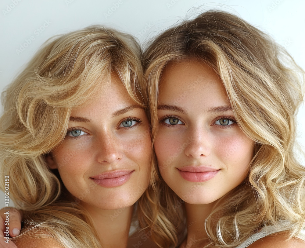 Blonde sisters embrace, radiant smiles, close-up portrait. Blonde sisters embrace, radiant smiles, close-up portrait.