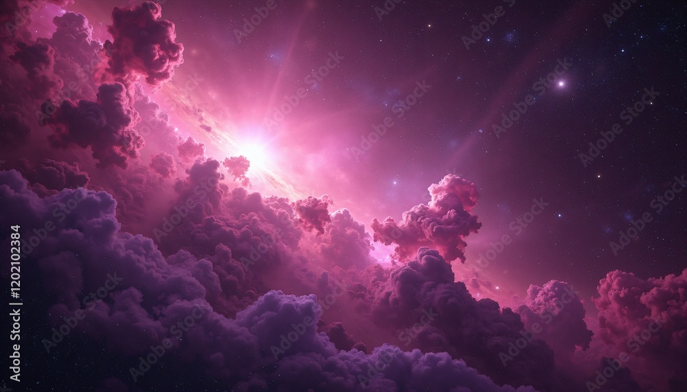 Vibrant pink nebula clouds under starlit sky. Vibrant pink nebula clouds under starlit sky.