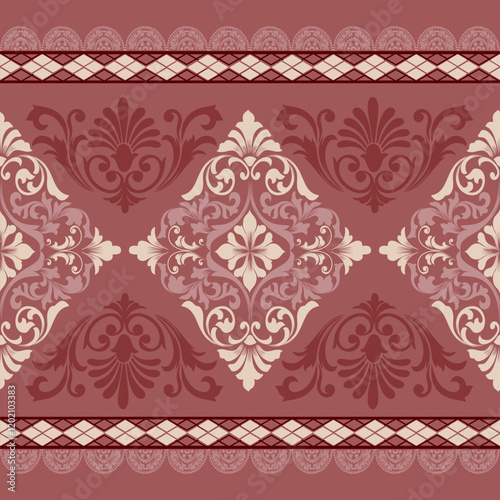 Elegant Damask Pattern with Ornate Floral Motifs and Decorative Borders. seamless design features a sophisticated blend of vintage-inspired elements and modern aesthetics	