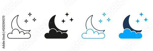 Crescent Moon with Cloud and Stars Line and Silhouette Icon Set. Peaceful Nighttime Sky Symbol. Editable Stroke. Isolated Vector Illustration