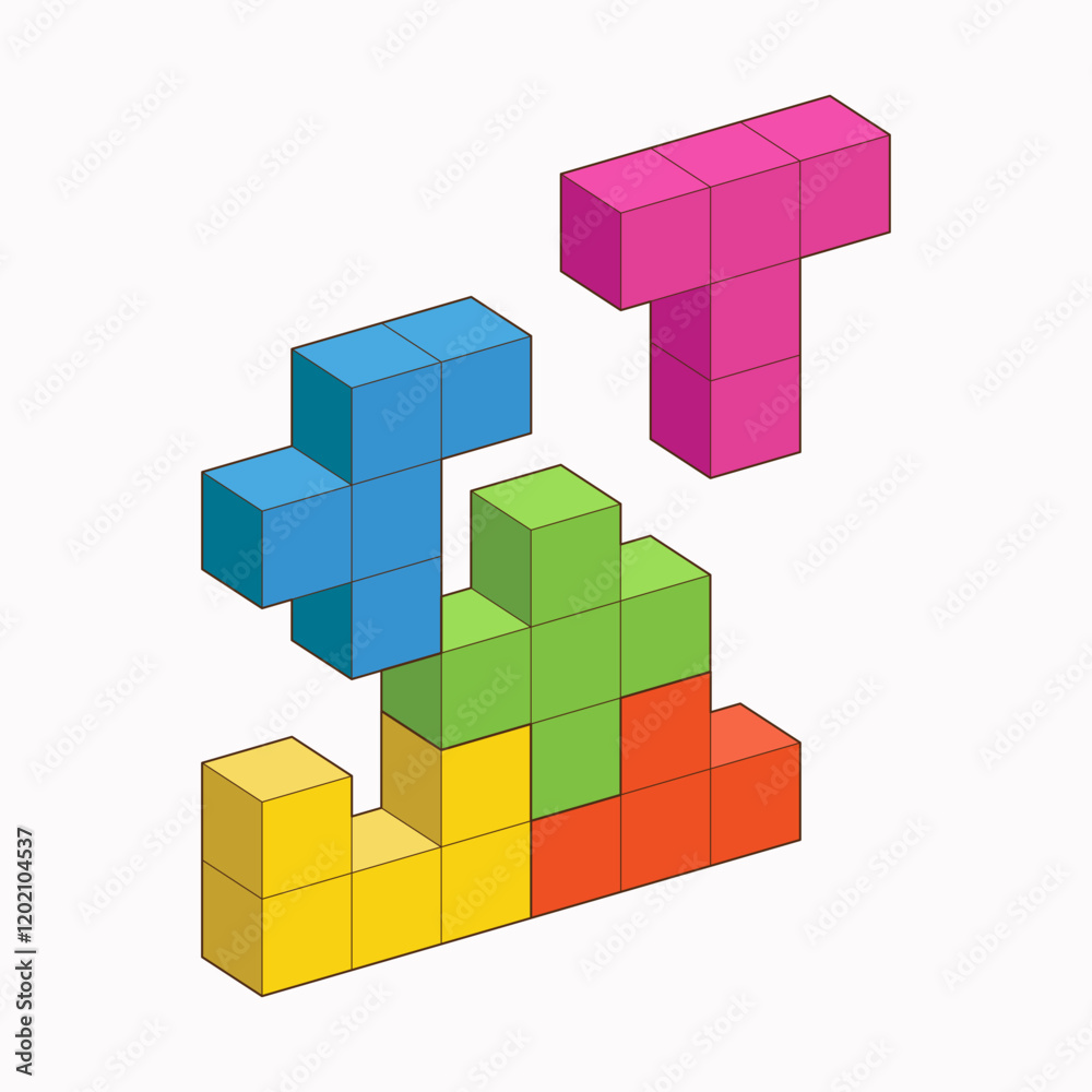 Fototapeta premium Crystal cube. 3D building block set. Isometric blocks. Abstract construction from isometric blocks shapes. The concept of logical thinking, geometric shapes. Vector Illustration