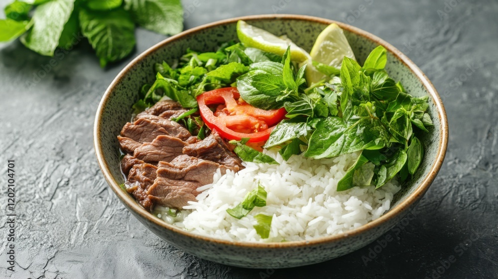 Image of rice and Vietnamese pho with beef and herbs in a traditional Vietnamese pho bowl, emphasizing aromatic and flavorful qualities. Ideal for Vietnamese cuisine and noodle soups. Image of rice and Vietnamese pho with beef and herbs in a traditional Vietnamese pho bowl, emphasizing aromatic and flavorful qualities. Ideal for Vietnamese cuisine and noodle soups.