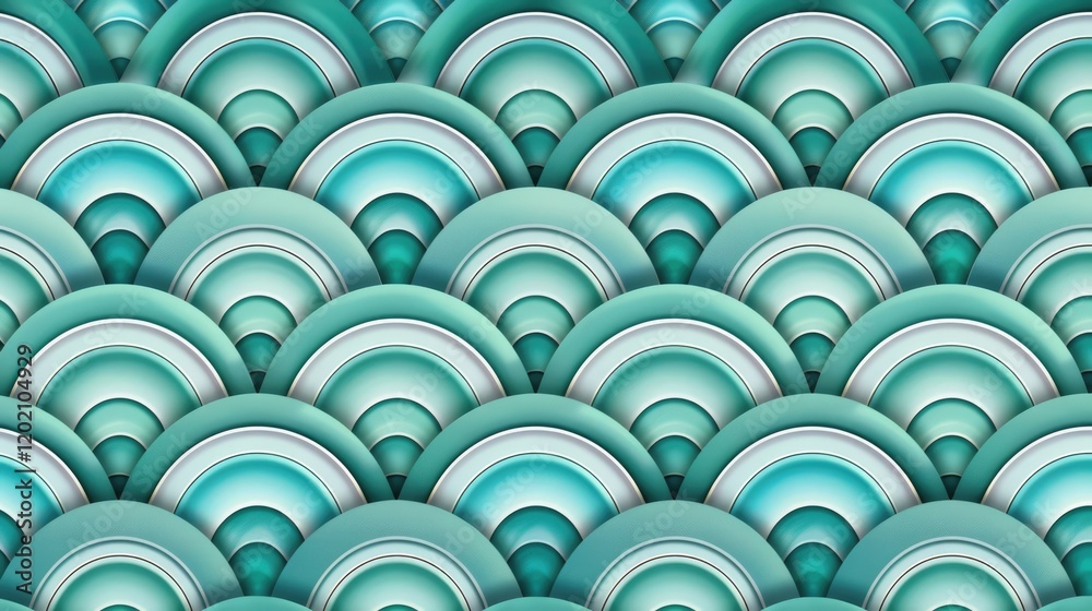 Metallic turquoise art deco scales pattern with silver trim. Geometric background in retro style Metallic turquoise art deco scales pattern with silver trim. Geometric background in retro style