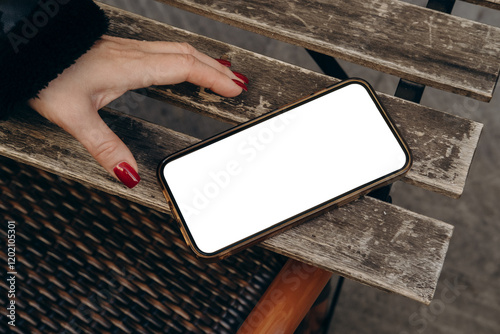 Mockup woman's hand holding using smart phone with white blank screen at coffee shop, mobile app design and advertising, online marketing