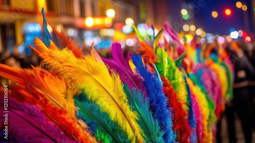 Colorful feathers decorating a carnival procession photo