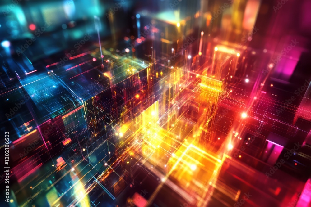 Obraz premium Abstract Digital Cityscape Illuminated With Vibrant Neon Lights