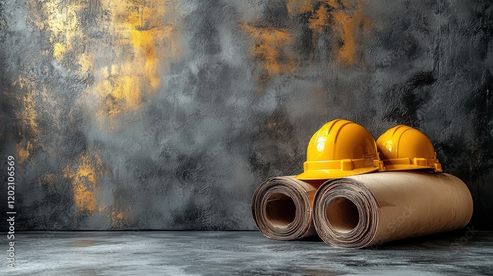 Obraz premium Yellow Hard Hats and Rolled Blueprints Displayed Against a Textured Concrete Wall in a Construction Environment for Industrial and Architectural Concepts