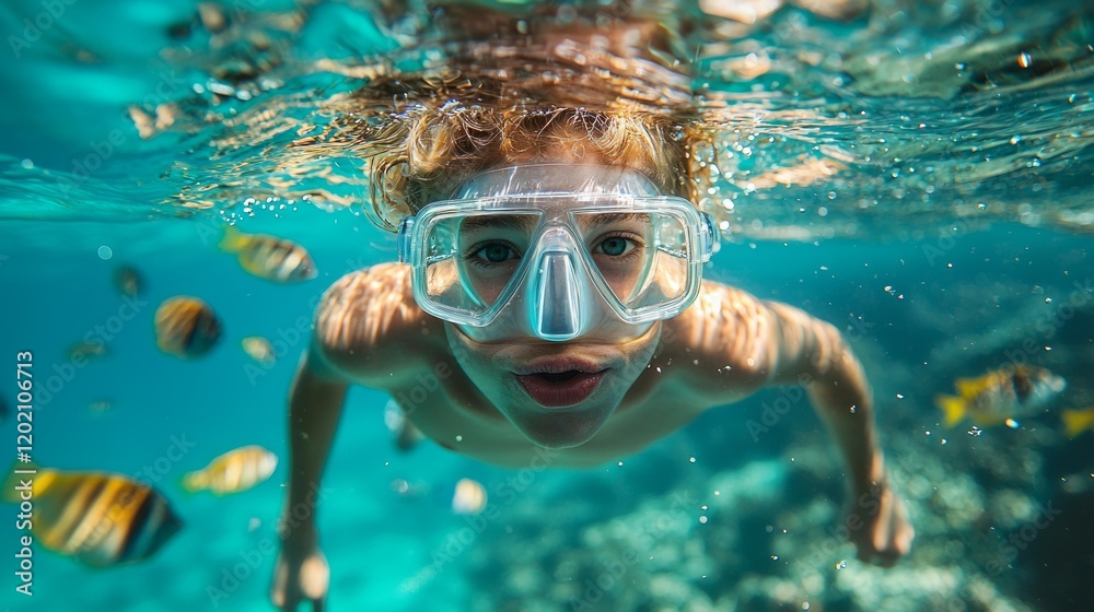 man proposes while diving underwater holding waterproof ring box in clear blue water. Colorful fish swim around creating adventurous atmosphere for romantic moment. man proposes while diving underwater holding waterproof ring box in clear blue water. Colorful fish swim around creating adventurous atmosphere for romantic moment.