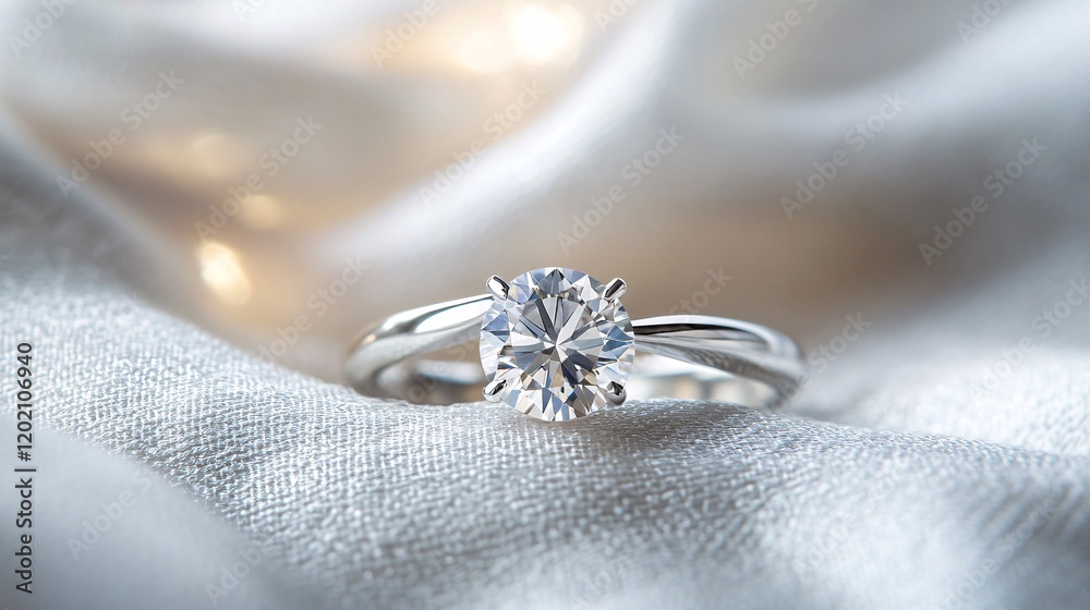 Shiny diamond ring resting on soft white silk cloth Shiny diamond ring resting on soft white silk cloth