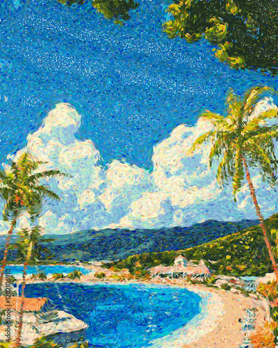 Montego bay Jamaica Travel Poster Flat Illustration Print Decor Gift Canvas Wall Art Vector Pointillism
