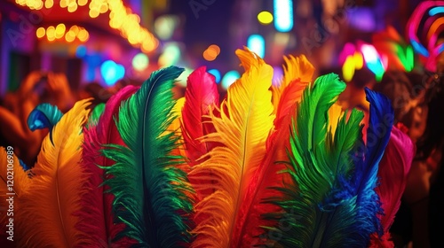 Colorful feathers decorating a carnival procession photo