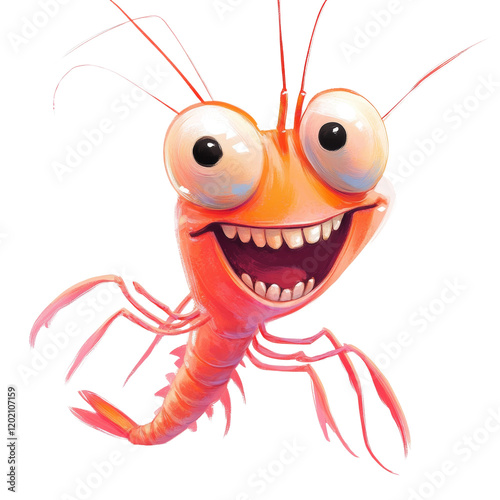 A digitally painted illustration of a happy cartoon shrimp with large eyes and a wide smile. photo