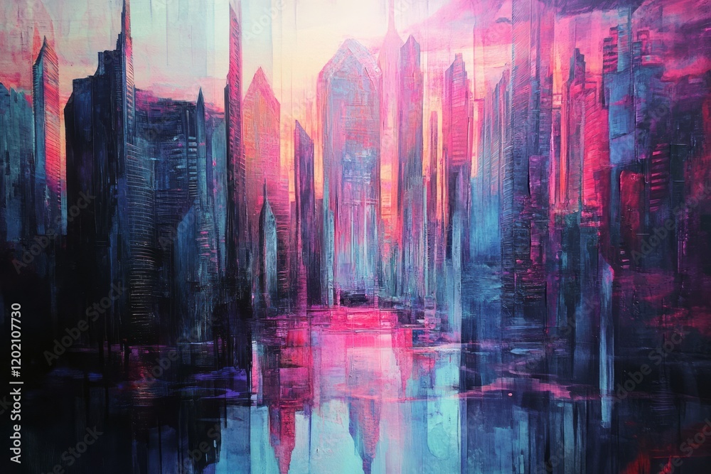 Obraz premium Abstract Cityscape Painting Showing Vibrant Hues at Sunset