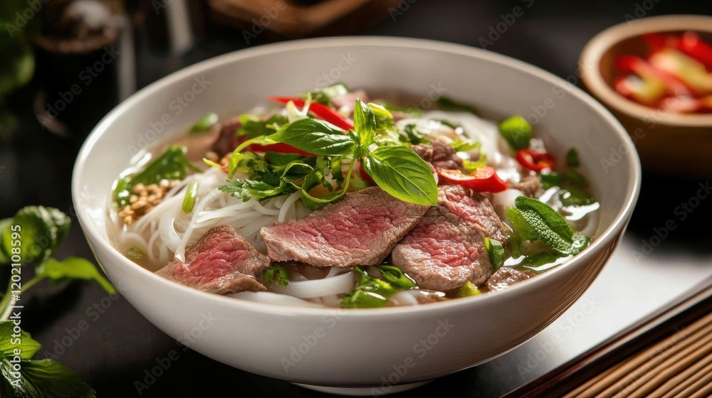 Image of rice and Vietnamese pho with beef slices and fresh herbs in a traditional bowl, emphasizing aromatic and savory qualities. Ideal for Vietnamese cuisine and comfort meals. Image of rice and Vietnamese pho with beef slices and fresh herbs in a traditional bowl, emphasizing aromatic and savory qualities. Ideal for Vietnamese cuisine and comfort meals.