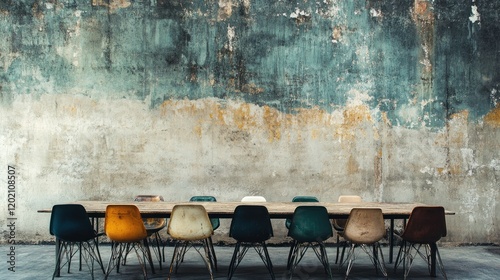 Vintage chairs around long table against grunge wall.