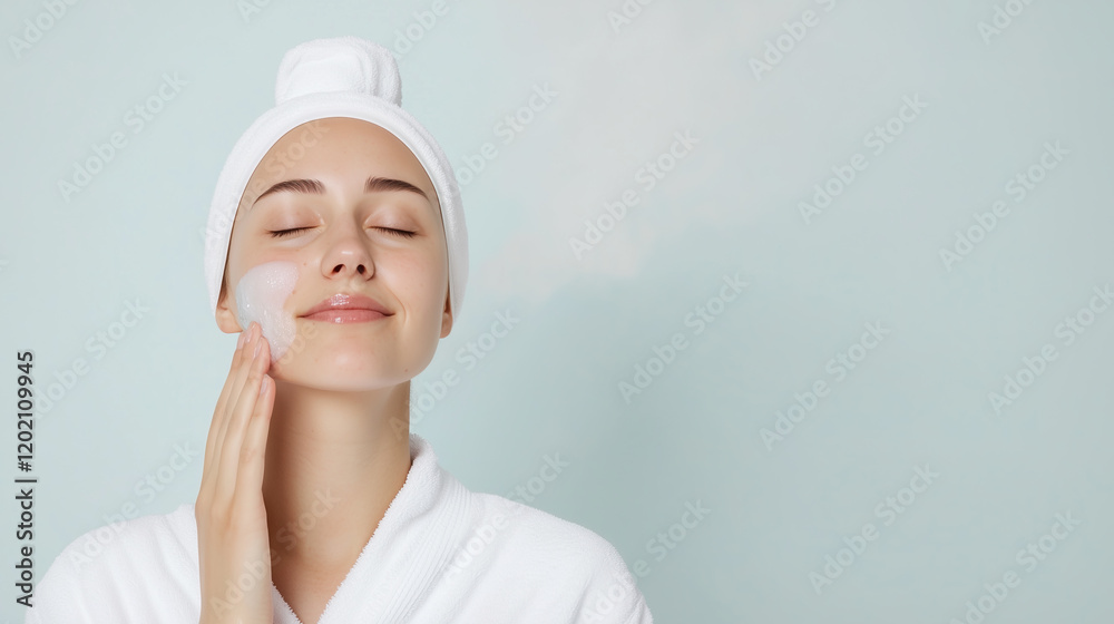 a woman in a white bathrobe applying facial moisturizer while enjoying a relaxing moment. Her eyes are closed, conveying a sense of peace and well-being. a woman in a white bathrobe applying facial moisturizer while enjoying a relaxing moment. Her eyes are closed, conveying a sense of peace and well-being.