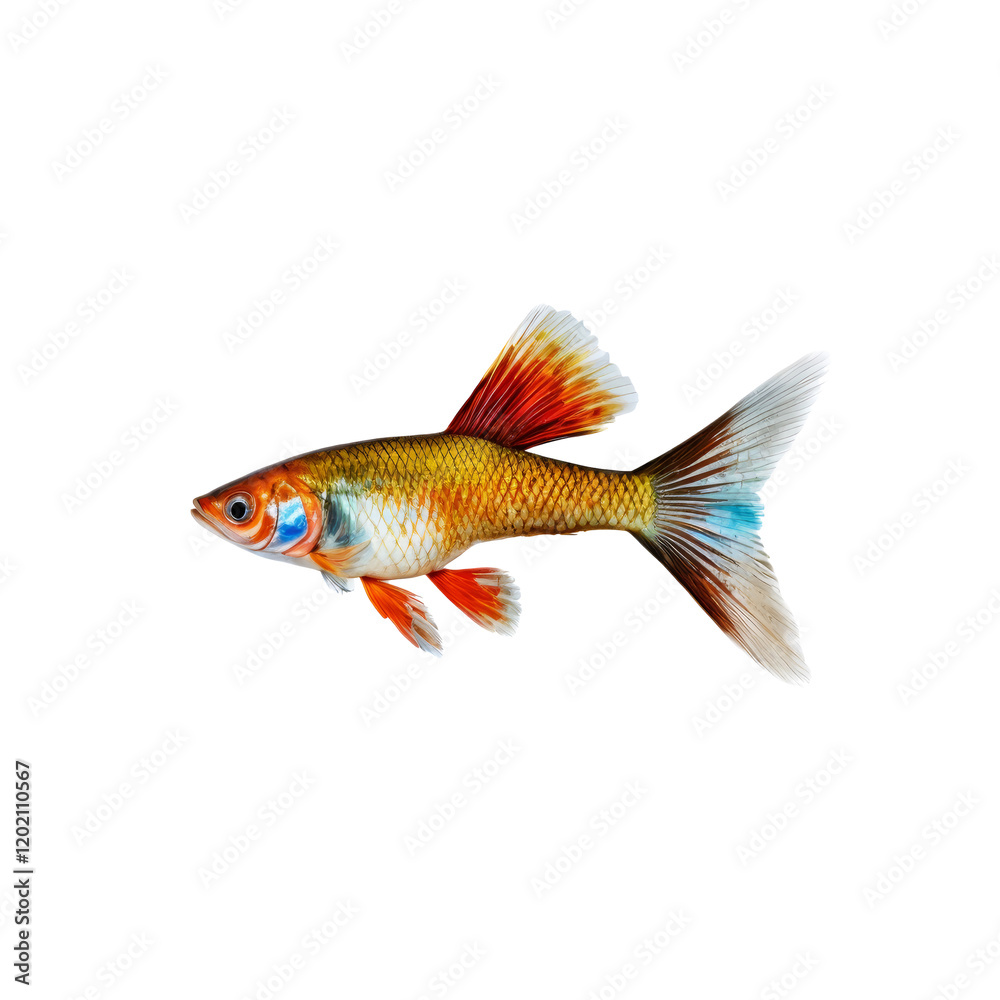 Obraz premium Golden Guppy: A vibrantly colored male guppy with orange, red and blue hues displays its stunning finnage in a close-up shot. Its scales shimmer and reflect the light.
