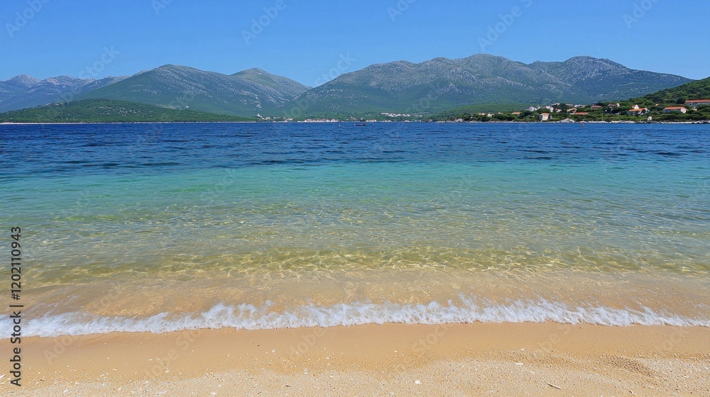 Calm beach, clear water, mountains, summer, vacation Calm beach, clear water, mountains, summer, vacation