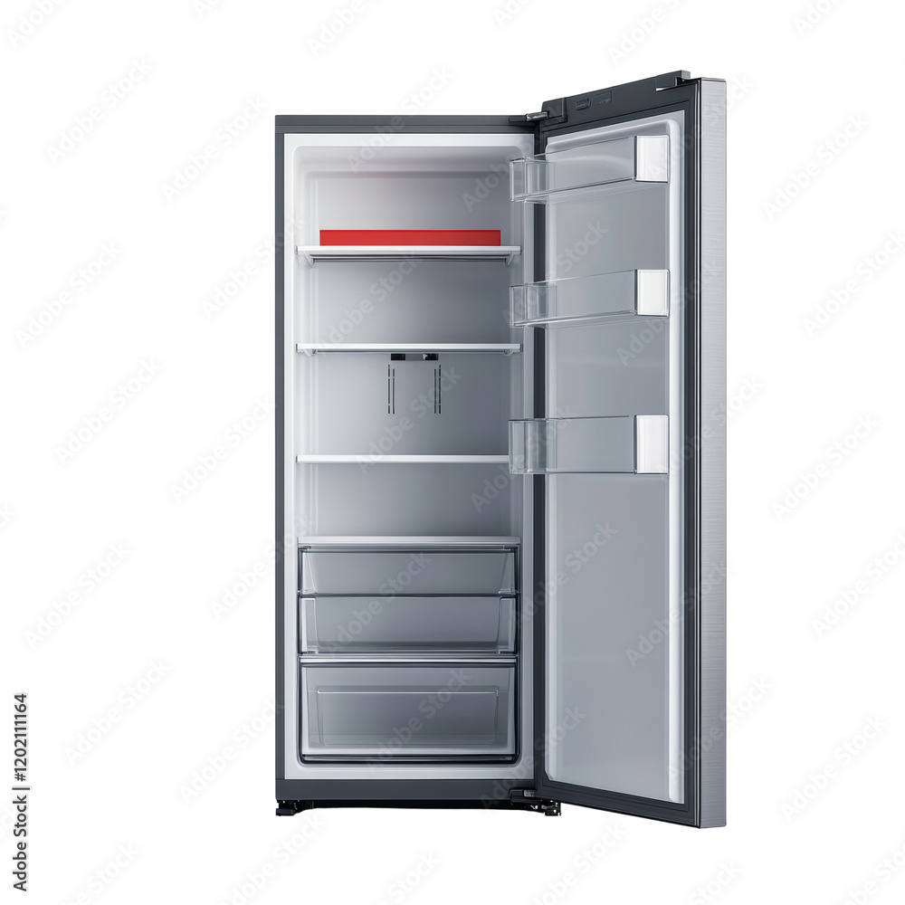 A sleek, modern refrigerator stands open, revealing its empty interior with shelves and drawers. The background is plain white. A sleek, modern refrigerator stands open, revealing its empty interior with shelves and drawers. The background is plain white.