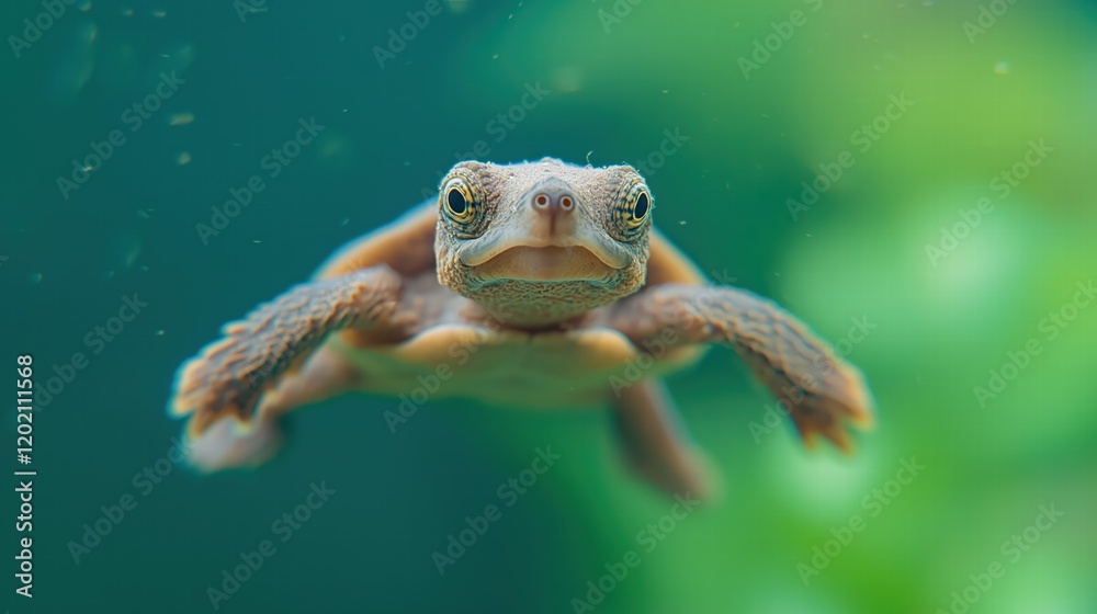 Obraz premium A baby turtle is swimming in a tank