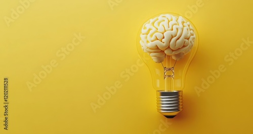 Light bulb with a brain inside on a yellow background, a concept of an idea and innovation, with copy space