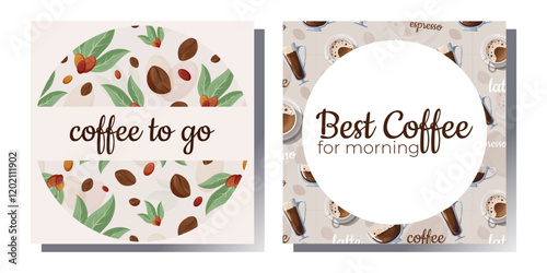 Set of ready made templates for social media post design. Instagram post design for a coffee shop. Square post with coffee cups and roasted beans featuring space for text.