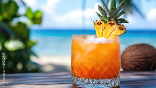 Tropical cocktail with pineapple garnish on beachside table