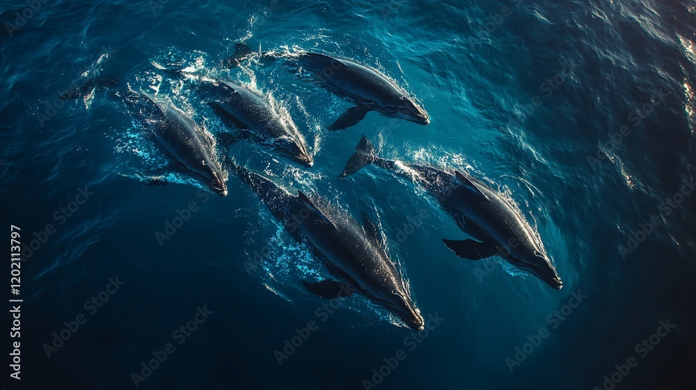 Fototapeta premium Ocean's Majesty: Five Humpback Whales Gracefully Swimming in the Deep Blue