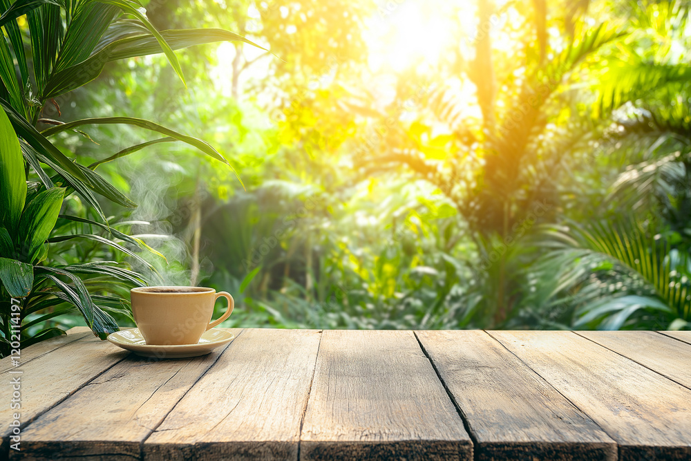 Steaming Cup of Coffee on a Rustic Wooden Table in a Sunlit Tropical Garden Setting Steaming Cup of Coffee on a Rustic Wooden Table in a Sunlit Tropical Garden Setting