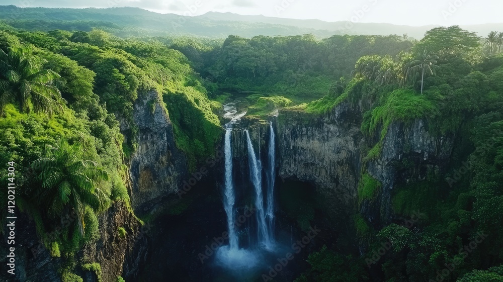 Majestic waterfall cascading into lush green forest, remote location Majestic waterfall cascading into lush green forest, remote location