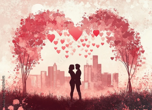 A silhouette of two lovers, standing under an arch made from heart-shaped balloons with the city skyline behind them. 