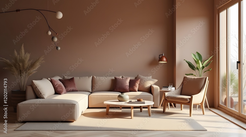 Fototapeta premium Luxurious living room with warm Mocha mousse color scheme 2025 trend Brown walls, light gray living room interior. Cement blank background for art