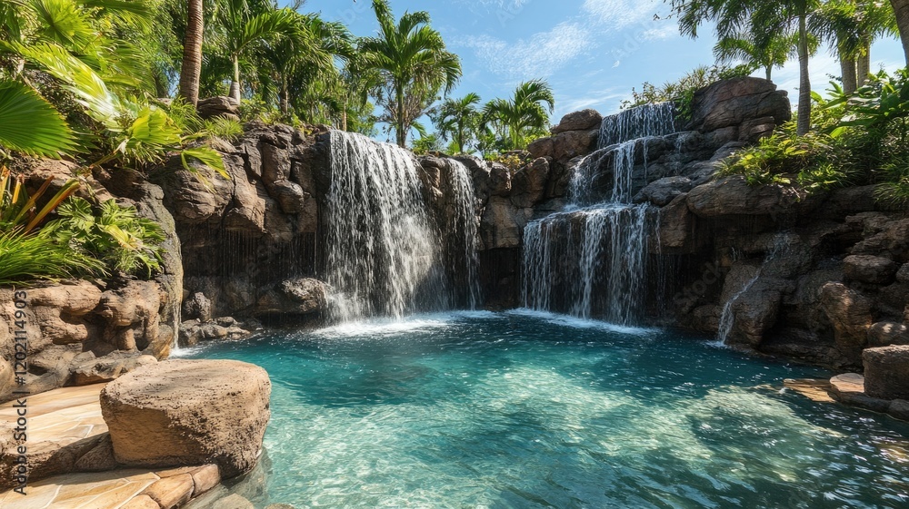 Naklejka premium Tropical waterfall cascading into clear, serene pool surrounded by lush greenery