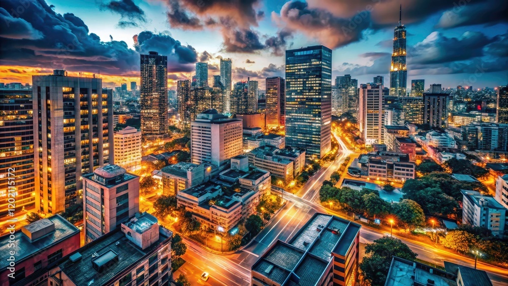 Fototapeta premium A captivating night cityscape wallpaper: city lights blaze against the dark, creating an urban dreamscape.