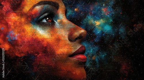 Cosmic face with nebula and galaxy overlay. Ideal for music album covers book covers posters and digital art prints.
