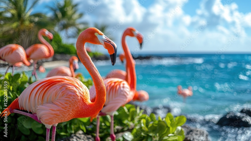 Fototapeta premium Vibrant flamingos by ocean, lush greenery, tropical paradise