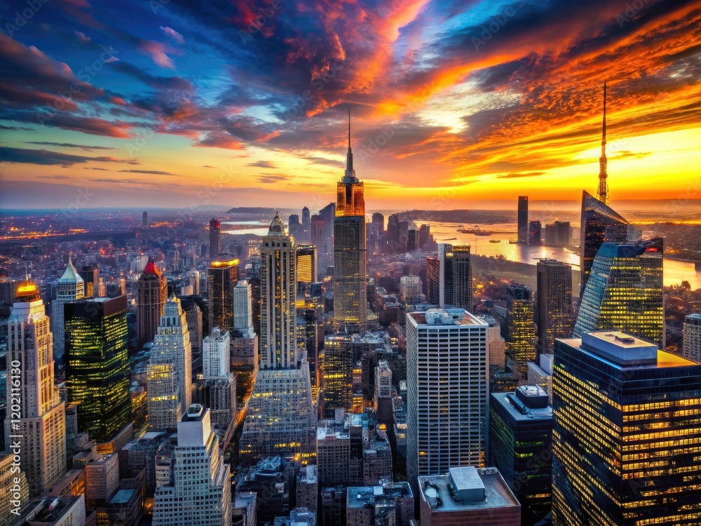 Fototapeta premium Aerial panorama from Edge Observatory captures NYC's iconic skyline at twilight.