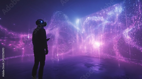 Person using VR headset standing in purple futuristic room viewing glowing particles