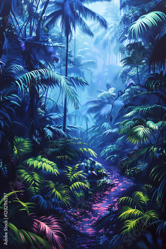 Bring the concept of bioelectricity in a neon jungle to life through a photorealistic traditional art medium Use oil or acrylic paints to depict a lush jungle scene with glowing bioelectric elements,
