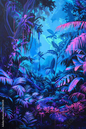 Bring the concept of bioelectricity in a neon jungle to life through a photorealistic traditional art medium Use oil or acrylic paints to depict a lush jungle scene with glowing bioelectric elements,