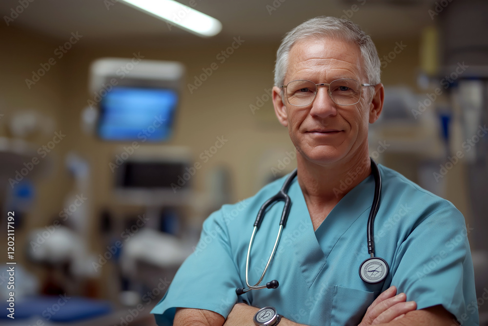 A doctor in a hospital setting, wearing a stethoscope, looking confidently at the camera. A doctor in a hospital setting, wearing a stethoscope, looking confidently at the camera.
