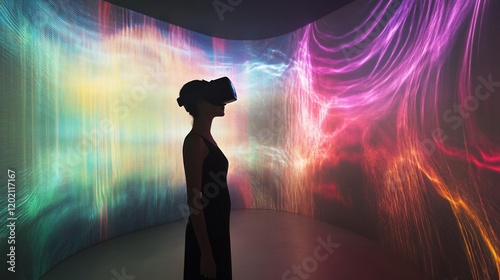 Woman Experiencing Virtual Reality in Room with Psychedelic Light Display photo