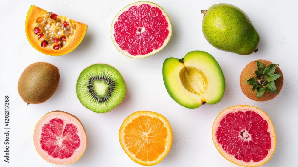 Healthy eating background / studio photography of different fruits and vegetables isoleted on white backdrop, top view. High resolution product.